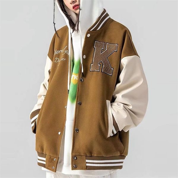 

womens bomber jacket spring letter embroidery patchwork varsity baseball jackets female vintage streetwear oversized coats 220817, Black;brown