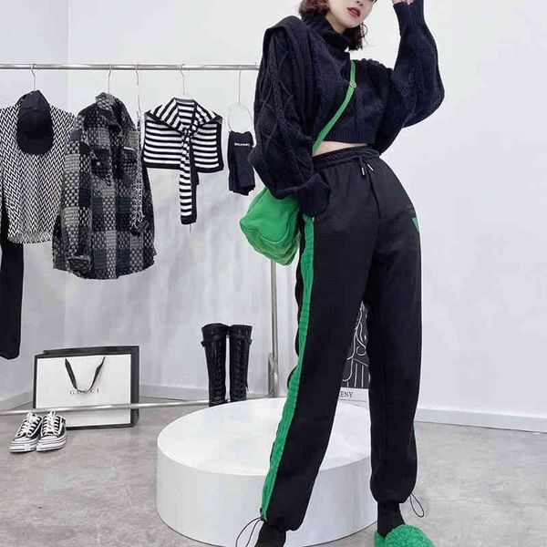 

waffle fabric sports pants side green bv flocking stitching fashion trousers triangle leather label light luxury thin loose men women hem fo, Black