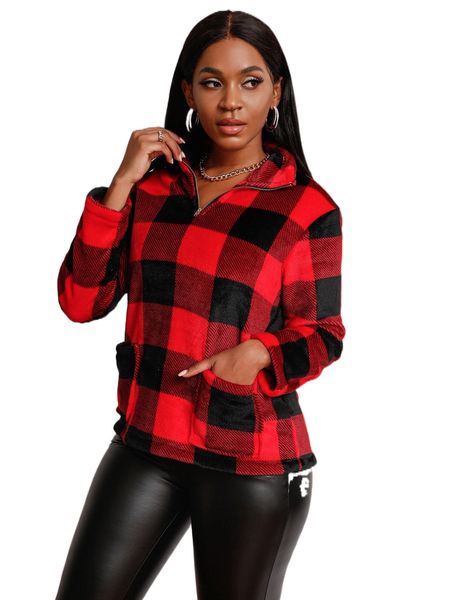 

gingham pattern dual pockets patched teddy sweatshirt 45pc#, Black