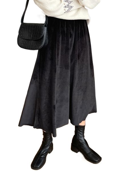 

dazy solid velvet flared skirt l36p#, Black