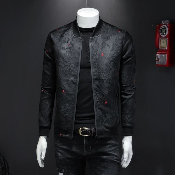 

spring autumn men casual jacket coat flower slim fit pattern bomber 4xl puff jacquard black 220727, Black;brown