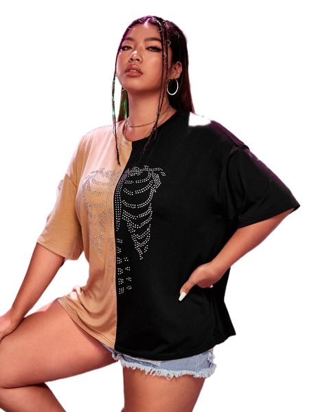

plus rhinestone skeleton pattern colorblock drop shoulder tee t7ny#, Black