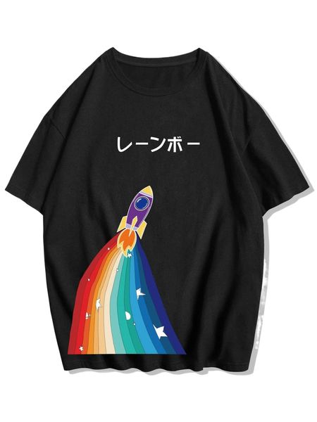 

romwe guys rainbow rocket print tee g84l#, White;black