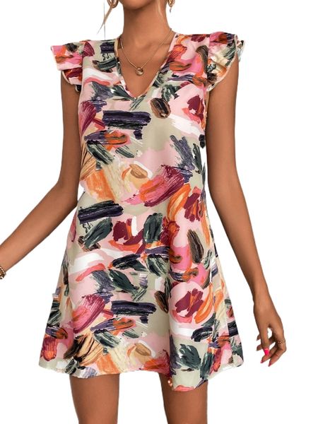 

allover print ruffle trim dress 11tv#, Black;gray