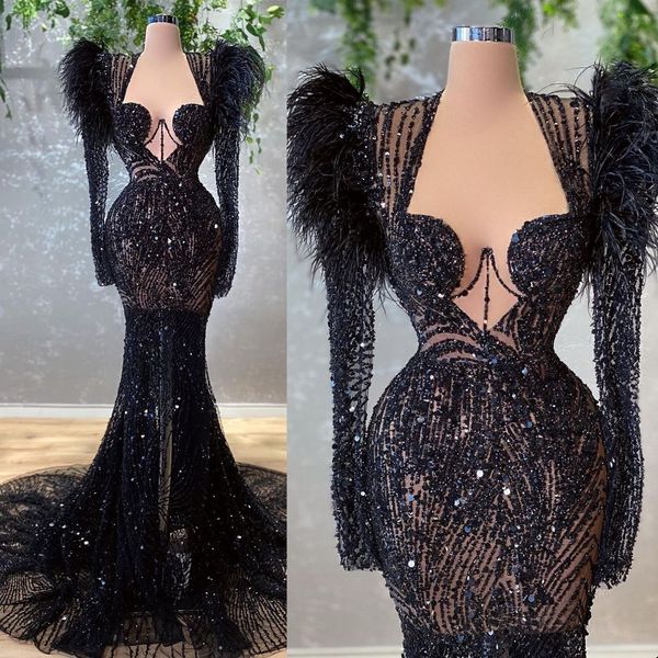 Sequined Mrermaid Sparkly Prom Promes Aso ebi Arabic Feather Африканские вечерние платья с бисером плюс приемное платье