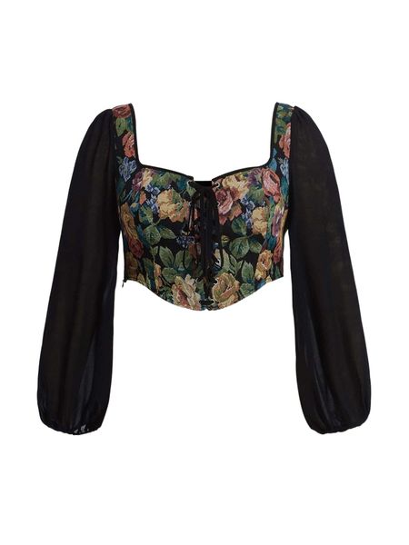 

plus floral print lace up blouse w30x#, Black