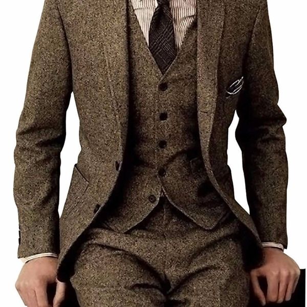 Son ceket pantolon tasarımları kahverengi tweed takım elbise erkekler için vintage kış resmi düğün takımları erkekler erkekler klasik takım elbise 3 adet erkek takım elbise 201106