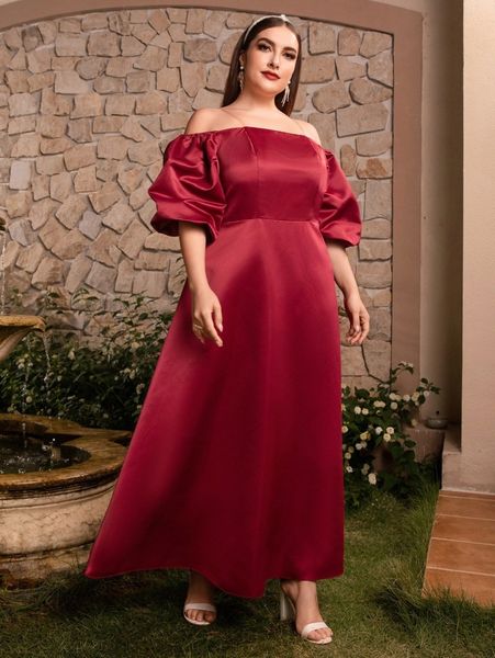 

plus cold shoulder transparent strap puff sleeve dress v63k#, Black
