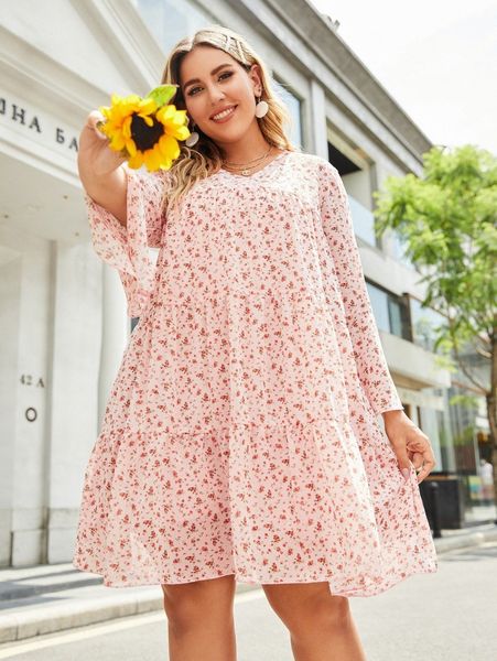 

plus ditsy floral print ruffle hem smock dress m6g6#, Black