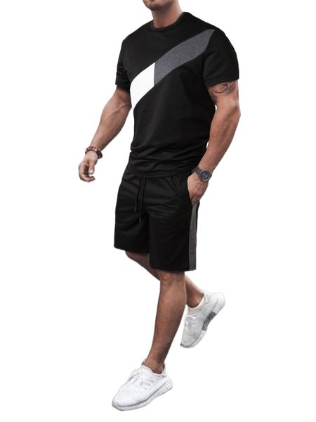

men contrast panel tee & drawstring waist shorts c2hr#, Gray