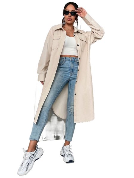 

flap pocket drop shoulder curved hem coat c9iy#, Black