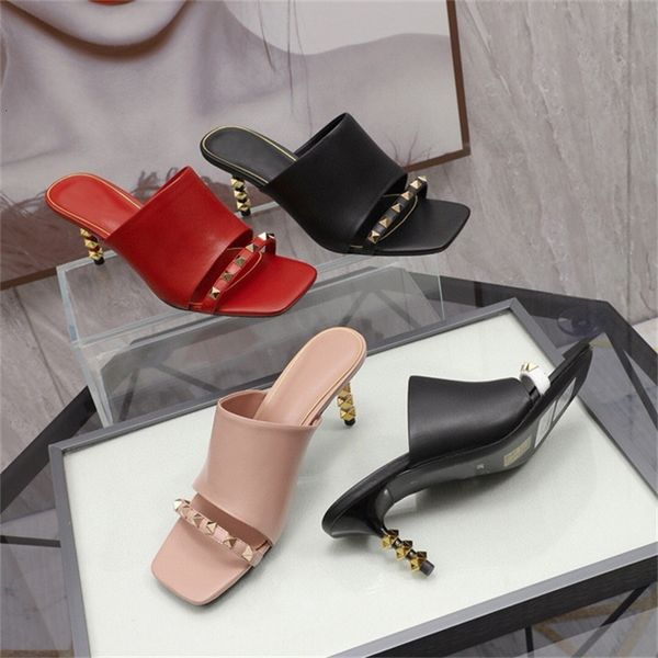 

sandals summer women's shoes thin heel flip flops wear fashionable square head high rivet sandals fw75, Black
