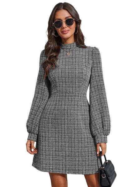 

lantern sleeve plaid tweed dress h2bj#, Black;gray