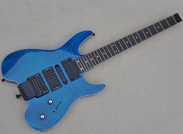 

blue headless electric guitar with flame maple veneer