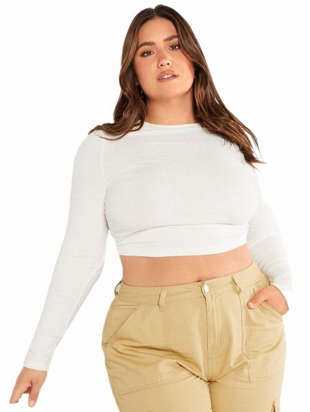 

evolu plus solid ribbed knit crop m4je#, Black