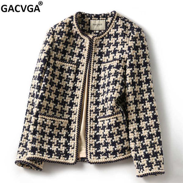 

gacvga 2022 elegant weave plaid women blazer with pocket and lining autumn winter causal tweed coat office ladies suit jacket, White;black