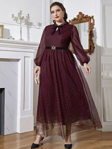 

plus gold print lantern sleeve tie neck belted mesh dress p0nd#, Black