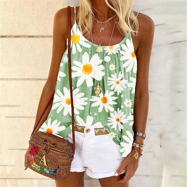 

plus size 5xl women little daisy prints t shirts loose beach spaghetti strap tank tee female summer boho 220628, White