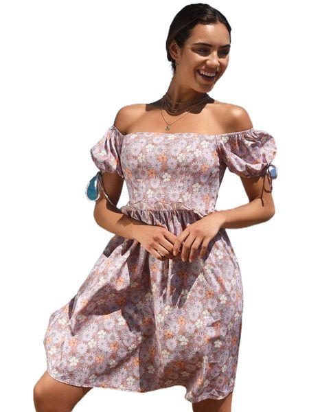 

floral off shoulder puff sleeve dress l6ln#, Black;gray