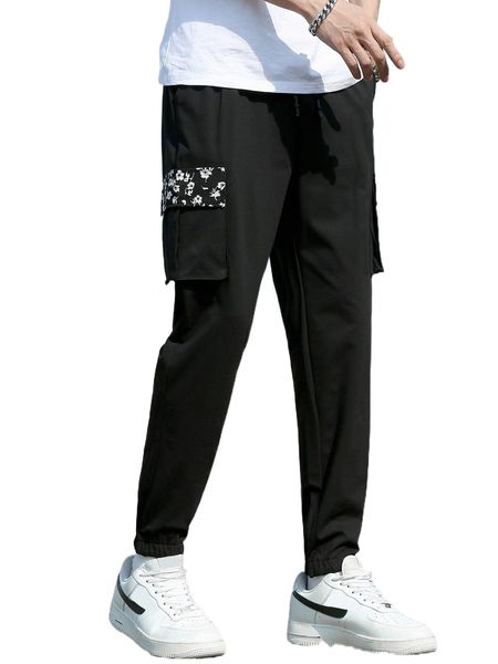 

men floral print flap pocket side cargo pants n3ak#, Black