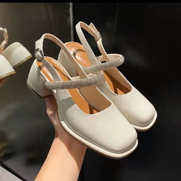 

package sandals female external wear summer new square head rhinestone a word with thick high heel single shoes, Black