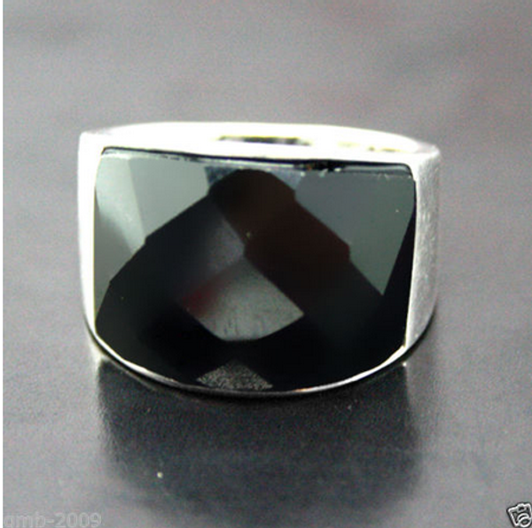 

vintage natural faceted black agate onyx silver ring size 6/7/8/9