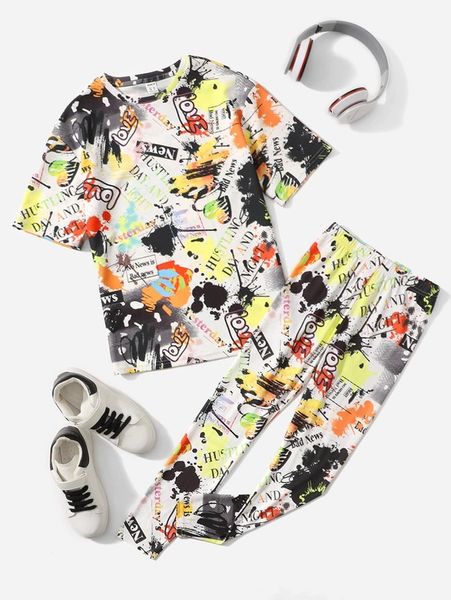 

girls graffiti print tee & pants she, White