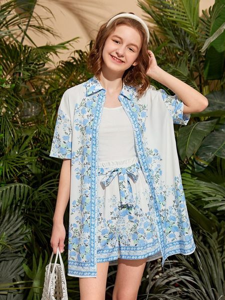 

teen girls floral print longline & shorts set she, White