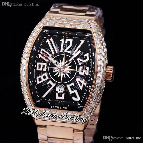 

vanguard classic v45 a21j automatic mens watch rose gold baguette dimaonds bezel black dial white big number markers stainless steel bracele, Slivery;brown