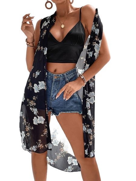 

floral print high low slit hem blouse i4di#, White