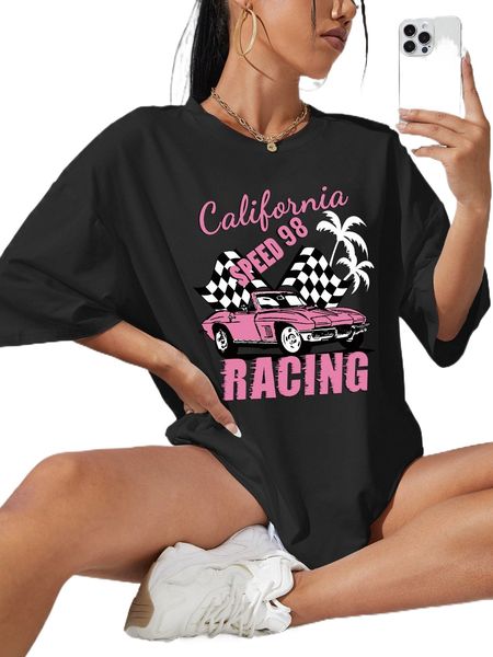 

car and letter graphic drop shoulder oversized tee p0qy#, White