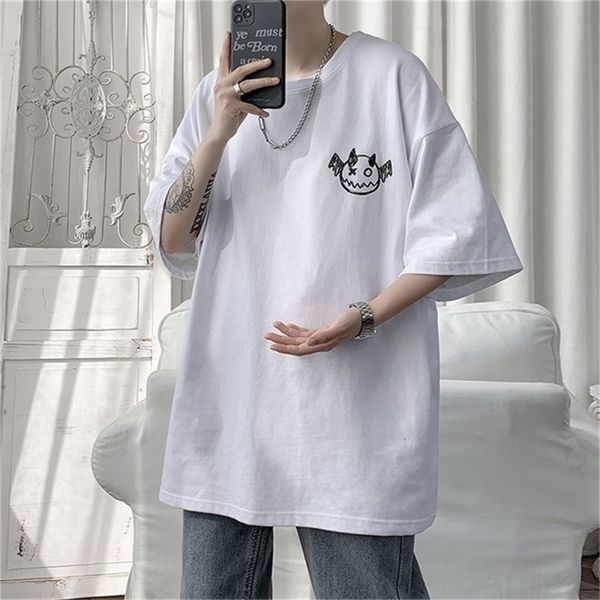 Hybskr primavera verão camisetas masculinas estilo coreano solto pequeno diabo gráfico camiseta casual oversized camiseta roupas masculinas 220621