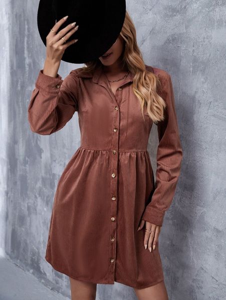 

solid button front corduroy shirt dress k74r#, Black;gray