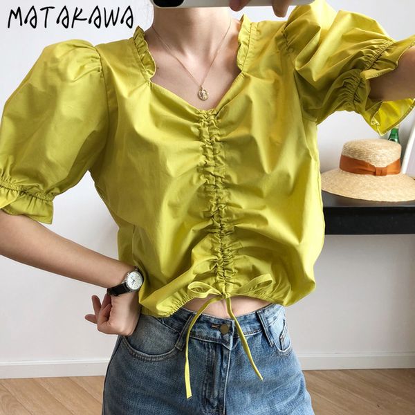 

drawstring ruffled shirt women shortsleeved summer blouses pleated puff sleeve vneck blusas 210506, White
