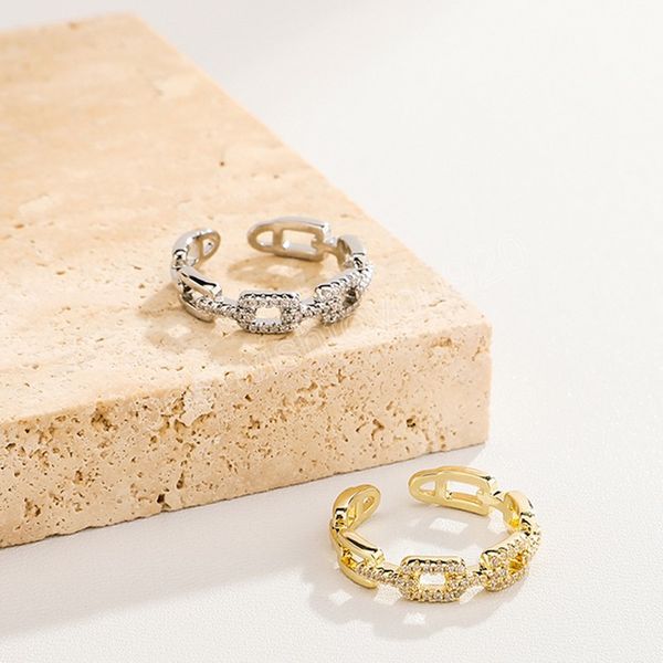 

couple rings iced out link ring hip hop gold plating opening adjustable ring for wedding gift, Silver