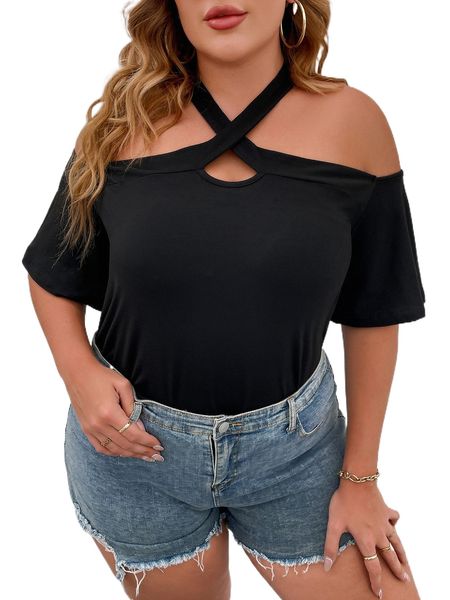 

plus criss cross cut out tee b3z4#, Black