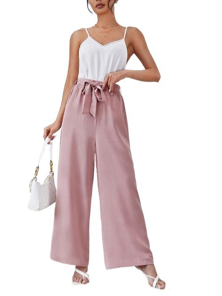 

lace trim cami & belted wide leg pants 46qp#, White