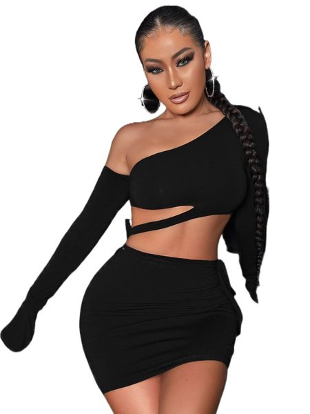 

asymmetrical neck flounce sleeve crop & bodycon skirt 698k#, White