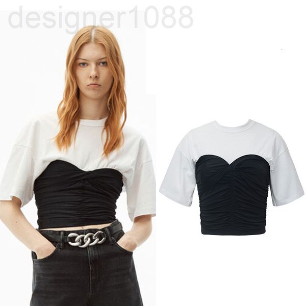

women's t-shirt designer aw dawangjia 2021 spring and summer stitching contrast color slim fit waist closing short sleeve versatile cot, White
