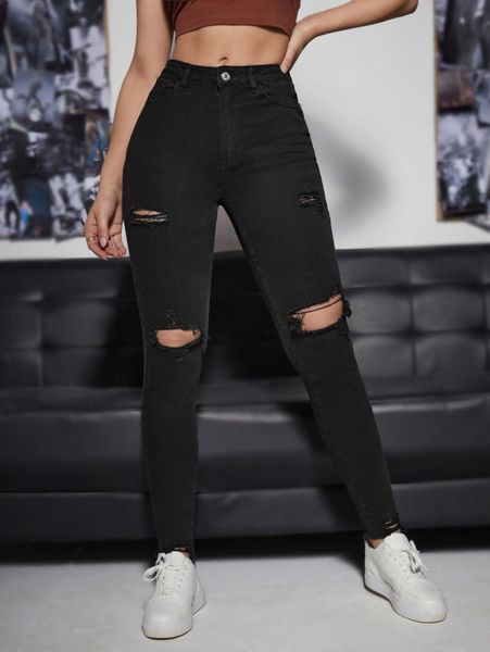

ripped raw hem skinny jeans 93rw#, Blue