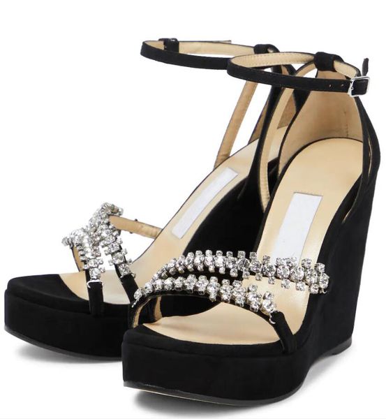 

brands desginer shoes women's bing wedge sandals crystal strappy elegant lady high heels bridal shoes wedding party bridals walking eu3, Black