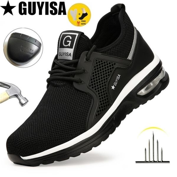 

men work safety shoes man safeti breathable air cushion work protective sneakers anti-puncture work male steel toe safety boots 220628, Black;brown