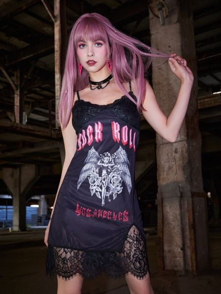 

romwe figure letter graphic lace trim cami dress u0co#, Black;gray