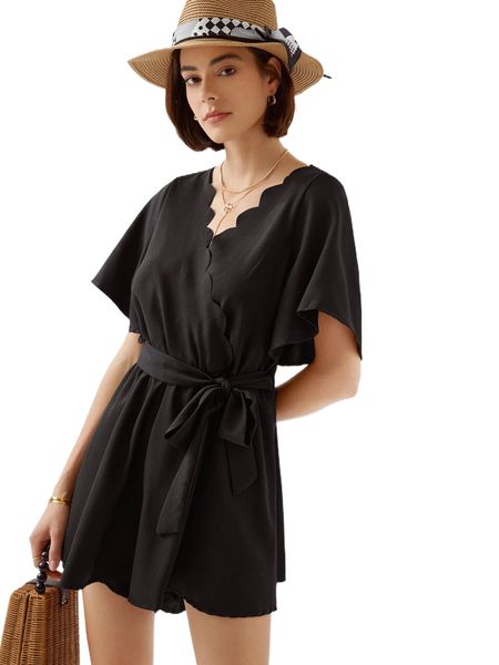 

frenchy scallop trim flounce sleeve romper e0dd#, Black;white