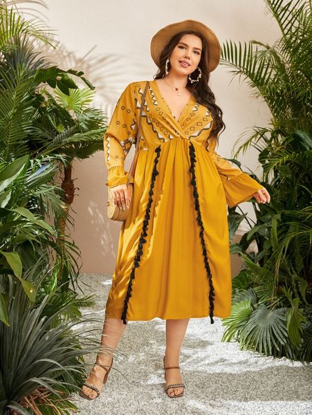 

plus geo print tassel trim flounce sleeve dress n0wj#, Black