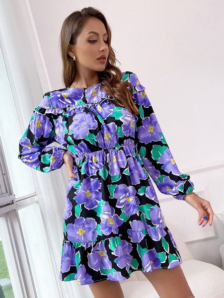 

floral print frill trim a-line dress d78x#, Black;gray