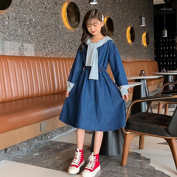 Abiti da ragazza Bambini Abbigliamento in denim Autunno 2022 Jeans Abito per ragazze grandi Patchwork Manica lunga Colletto da marinaio Principessa Bambini