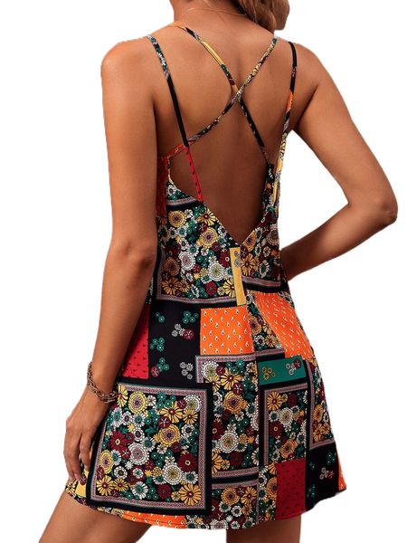 

patchwork print cami dress f9i1#, Black;gray