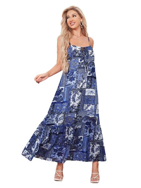 

tie front patchwork print cami dress p7l7#, Black;gray