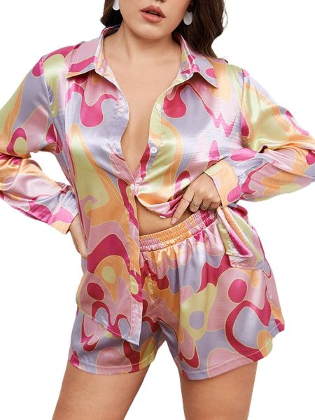 

plus all over print satin blouse & shorts q71b#, Black